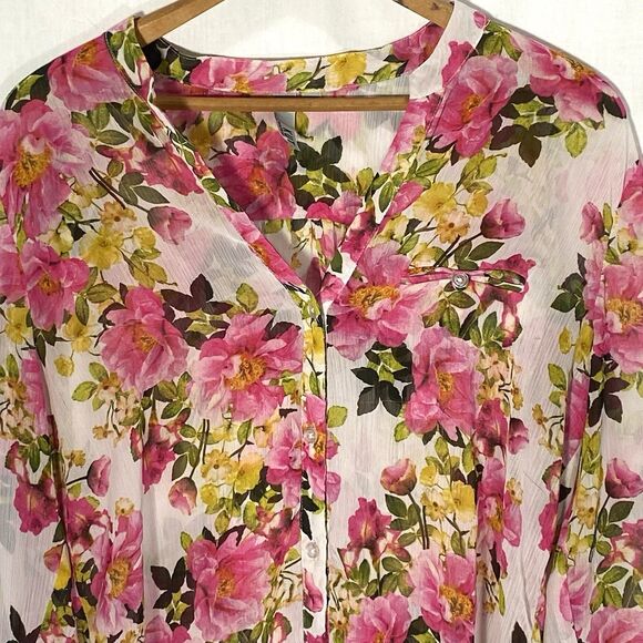 KUT FROM THE KLOTH Sheer Blouse Floral Button Roll Tab Long Sleeve Womens L Pink - Picture 1 of 12